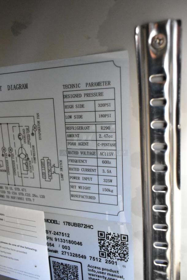 Avantco 178UBB72HC commercial fridge label showing technical specifications and QR code, scratch and dent condition.