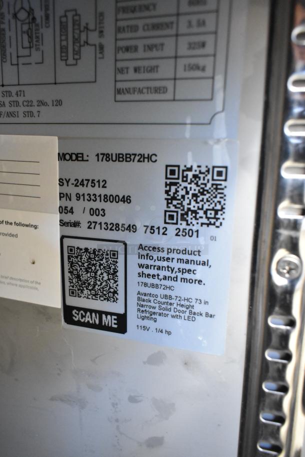 Brand new Avantco 178UBB72HC commercial 73" black back bar refrigerator with LED lighting. Scratch and dent condition.
