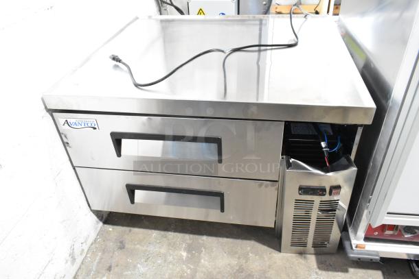 Brand new Avantco 178CBE36HC stainless steel 2-drawer chef base with commercial casters, 115V, showing scratch and dent.