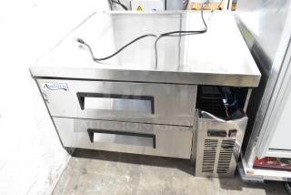 Brand new Avantco 178CBE36HC stainless steel 2-drawer chef base with commercial casters, 115V, showing scratch and dent.