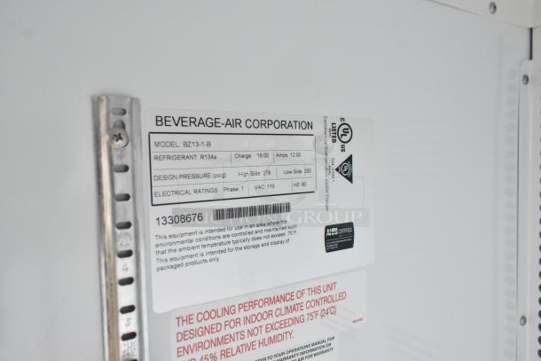Beverage Air BZ13-1-B label showing model, refrigerant R134a, design pressure, and electrical ratings, UL listed.