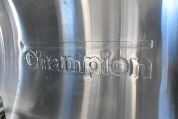 Champion stainless steel commercial corner pass-through dishwasher, 208-240V, 1 phase, embossed logo visible.