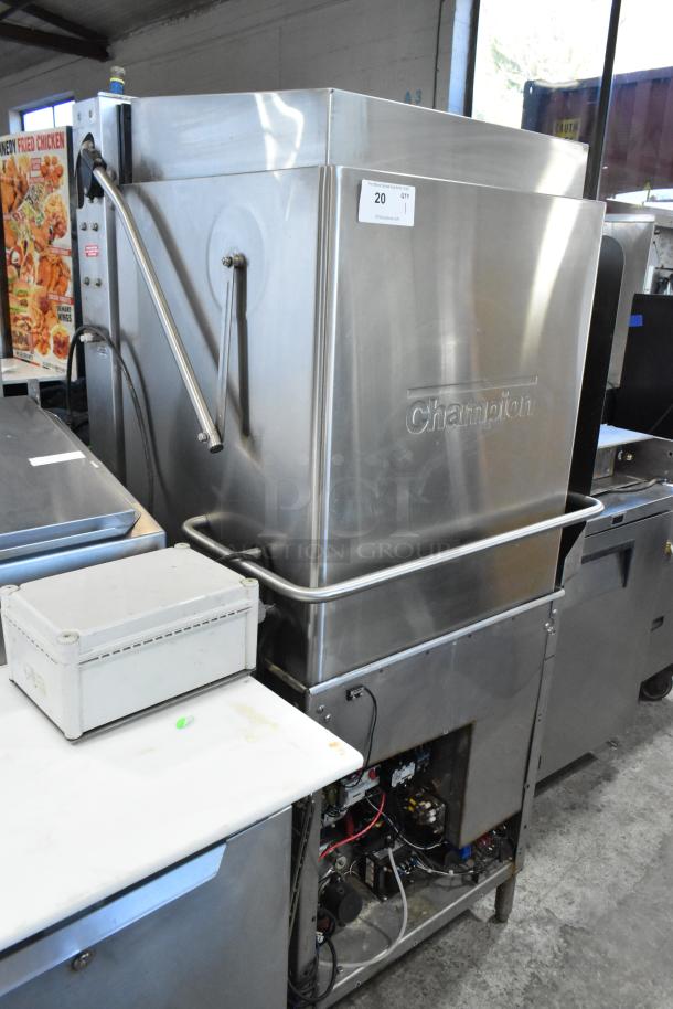 Champion Stainless Steel Commercial Corner Pass Through Dishwasher, 208-240V, 1 Phase, good condition with visible branding.