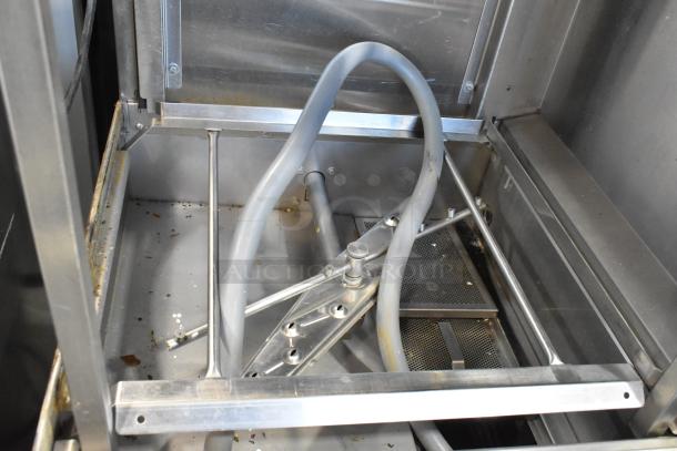 Champion Stainless Steel Commercial Corner Pass Through Dishwasher, 208-240V, 1 Phase. Features visible hoses and spray arms.