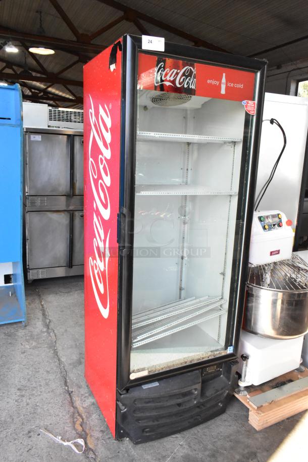 Imbera G319 single door cooler, Coca-Cola branding, metal construction, poly coated racks, 115V, 1 Phase, some wear.