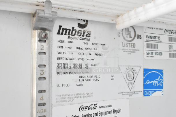 Imbera G319 cooler label shows model, voltage, refrigerant type, and UL certification. 115 volts, single phase.