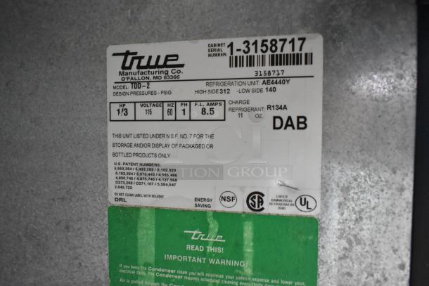 True TDD-2 Metal Commercial Kegerator label showing model, voltage, phase, refrigerant type, and safety certifications.