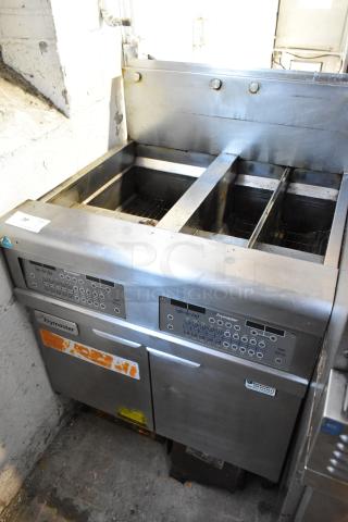 Frymaster FPGL230-2RCA stainless steel 2-bay deep fat fryer, natural gas, 150,000 BTU, commercial use, visible controls and labels.