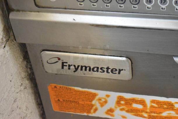 Frymaster FPGL230-2RCA deep fryer, stainless steel, natural gas, 2 bays, 150,000 BTU, visible branding and warning labels.