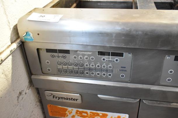 Frymaster FPGL230-2RCA 2-bay deep fat fryer, stainless steel, natural gas, 150,000 BTU, digital controls, visible wear.