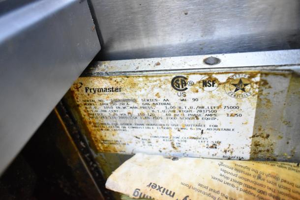 Frymaster FPGL230-2RCA label showing model details, NSF certification, and natural gas specifications. Visible wear and rust.