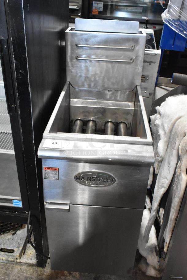 Mainstreet stainless steel deep fat fryer, commercial-grade, floor style, visible logo, and warning label; used condition.