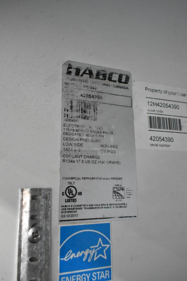 Habco ESM42 metal commercial 2-door cooler label, showing 115V, 1-phase, energy specifications, and serial number.
