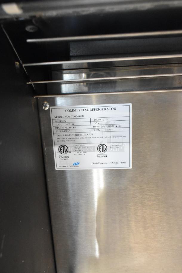 Turbo Air TOM-60SB open air merchandiser label showing model, voltage, phase, and certification details.