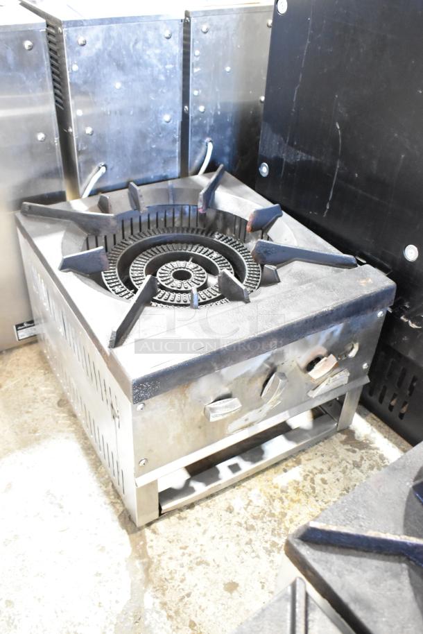 Stainless steel commercial countertop gas burner, single pot range; features sturdy cast iron grate, dual control knobs.