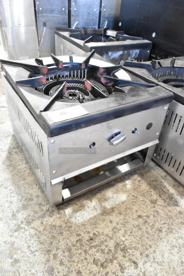 Stainless steel gas-powered countertop single burner stock pot range, featuring durable construction and control knob. In good condition.