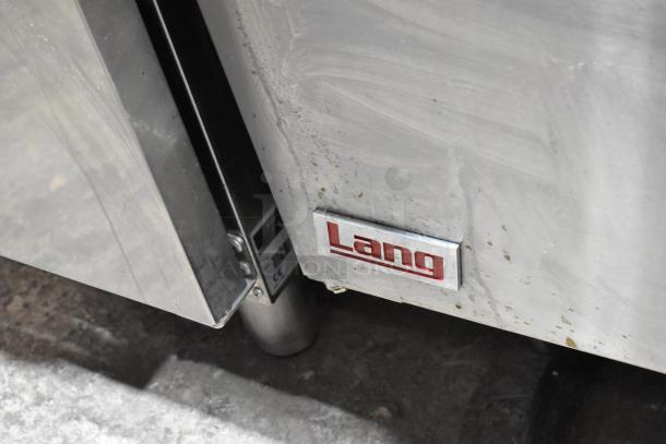 Lang RTI36E stainless steel 6 burner range with oven, electric, 208-240V, 3 phase, minor surface wear, Lang logo visible.