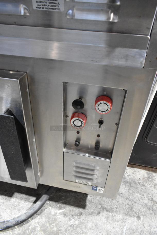 Lang RTI36E Stainless Steel 6-Burner Electric Range with Oven, 3 Phase, 208-240V. Includes control panel and safety labels.