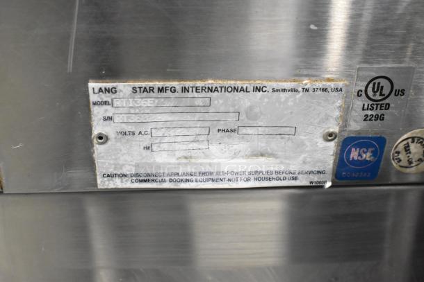 Lang RTI36E commercial electric 6-burner range with oven. Stainless steel, 208-240 volts, 3-phase. Manufacturer plate visible.