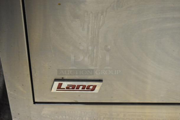 Lang RTI36E stainless steel commercial electric range with 6 burners and oven, 208-240V, 3-phase, with Lang logo.