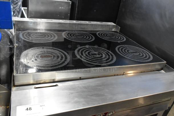 Lang RTI36E stainless steel electric 6-burner range with oven, 208-240V, 3-phase, commercial use, excellent condition.
