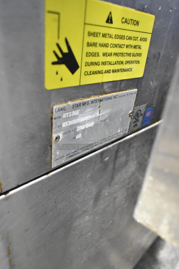 Lang RTI36E Stainless Steel Electric Range with 6 Burners. Visible caution label and model tag. 208-240V, 3 Phase.