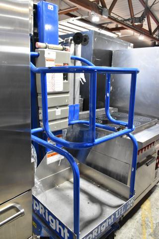 Upright UL25 metal vertical lift mast, model 068001-000, sturdy frame, visible warning labels, used condition.