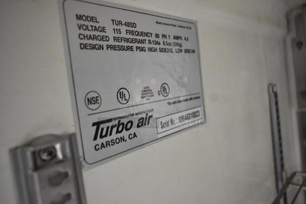 Turbo Air TUR-48SD label showing model, voltage, refrigerant type, and NSF certification. Serial No. UR48810023 visible.