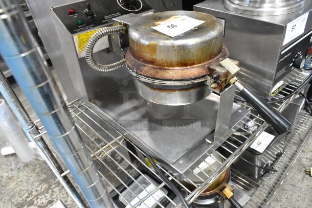 5020 Stainless Steel Commercial Countertop Waffle Cone Maker, 120 volts, 1 phase. Visible wear, rust. Model 5020, controls labeled.