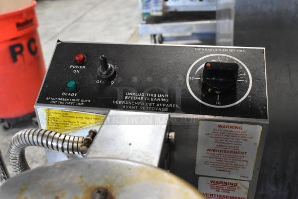 Commercial waffle cone maker, model 5020, stainless steel, 120V, 1 phase, with power and ready indicators, caution labels.