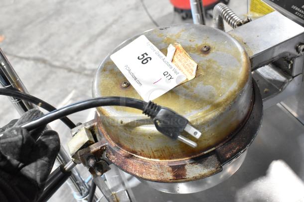 5020 Stainless Steel Commercial Waffle Cone Maker, Model 5020, showing wear. 120 Volts, 1 Phase. Auction tag visible.