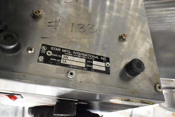 Star 3WSA-4H stainless steel countertop warmer with lid, 120 volts, 1 phase. Features model and serial number labels.