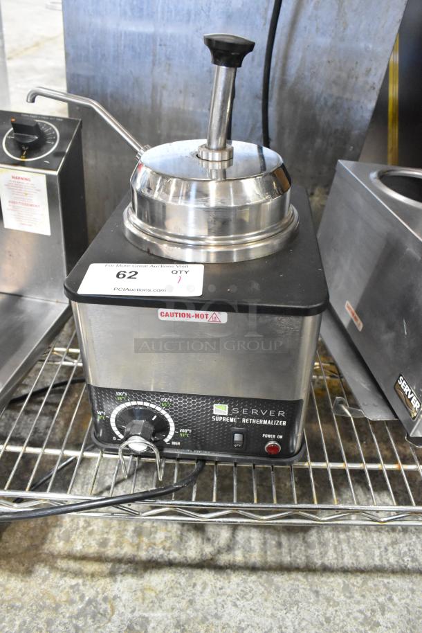 Server FSPW-SS 81140 Supreme 3 Qt. Hot Topping Warmer with Pump, 120V, 1 Phase. Features control dial and caution labels.