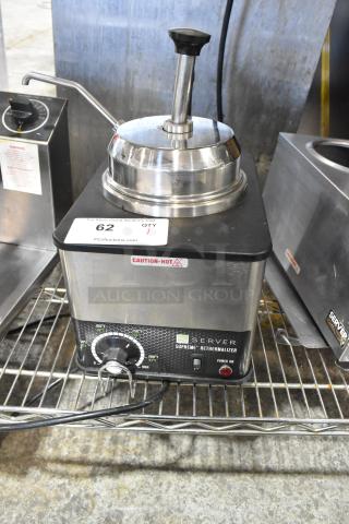 Server FSPW-SS 81140 Supreme 3 Qt. Hot Topping Warmer with Pump, 120V, 1 Phase. Features control dial and caution labels.