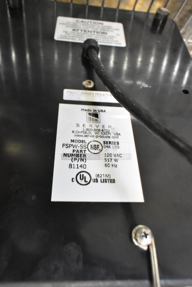 Server FSPW-SS 81140 Supreme 3 Qt. Hot Topping Warmer, 120V, with label showing UL and NSF certifications, part number 81140.