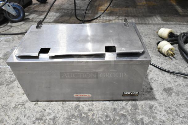 Server DI-2 92020 stainless steel 3 Qt. double cone dip warmer. Features 120 volts, 1 phase. "Caution-Hot" label visible.