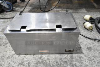 Server DI-2 92020 stainless steel 3 Qt. double cone dip warmer. Features 120 volts, 1 phase. "Caution-Hot" label visible.