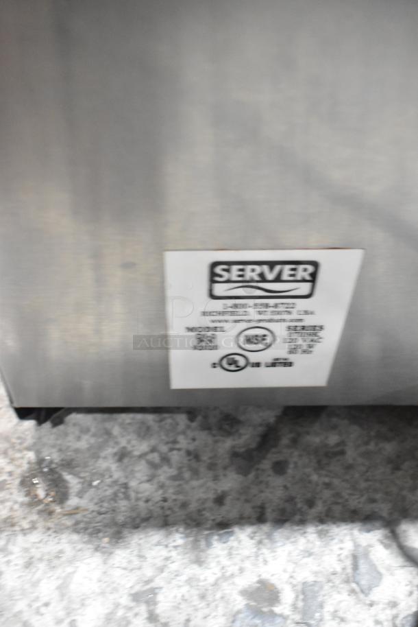 Server DI-2 92020 stainless steel 3 qt. double cone dip warmer. 120V, 1 phase. Model and safety labels visible.