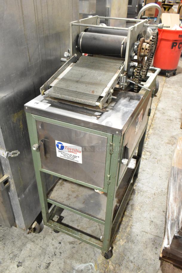 Lenin MQ077 tortilla machine, metal with commercial casters, 110V, 1-phase, used condition, label: Tortilla Depot.