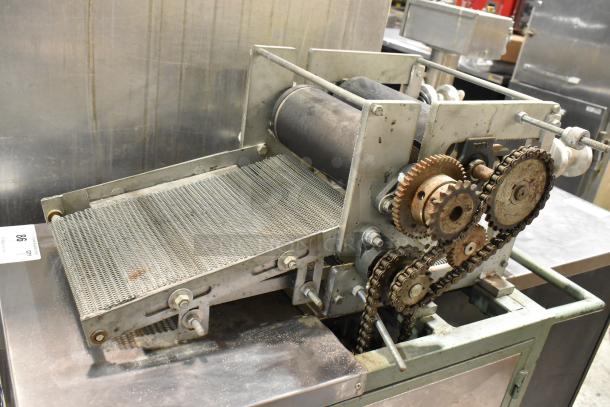 Lenin MQ077 metal tortilla machine on casters, features gear system, mesh conveyor, 110V, 1 phase, restaurant-style.