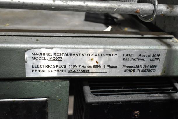 Lenin MQ077 automatic tortilla machine, metal commercial floor model with casters, 110V, 1 phase, made 2015, Mexico.