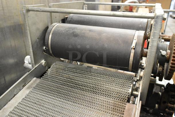Lenin MQ077 metal tortilla machine; commercial floor style; chain-driven rollers; on casters; 110V, 1 phase.