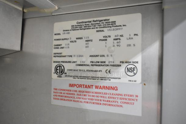 Continental 1R-HD stainless steel commercial reach-in cooler label, 115V, 1 phase, ETL and NSF certified, warning included.