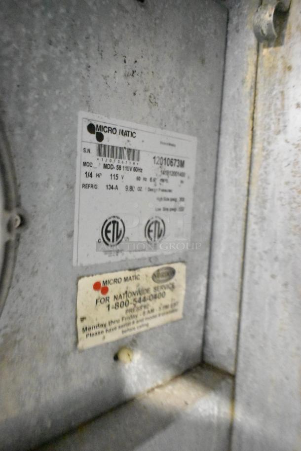 Micro Matic MDD-58 kegerator label showing model, 115V, 1 phase details, ETL certification, and service contact info.