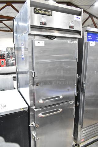 Continental 1RF-SS stainless steel dual unit cooler and freezer with two half-size doors, commercial casters, 115V, 1 phase.
