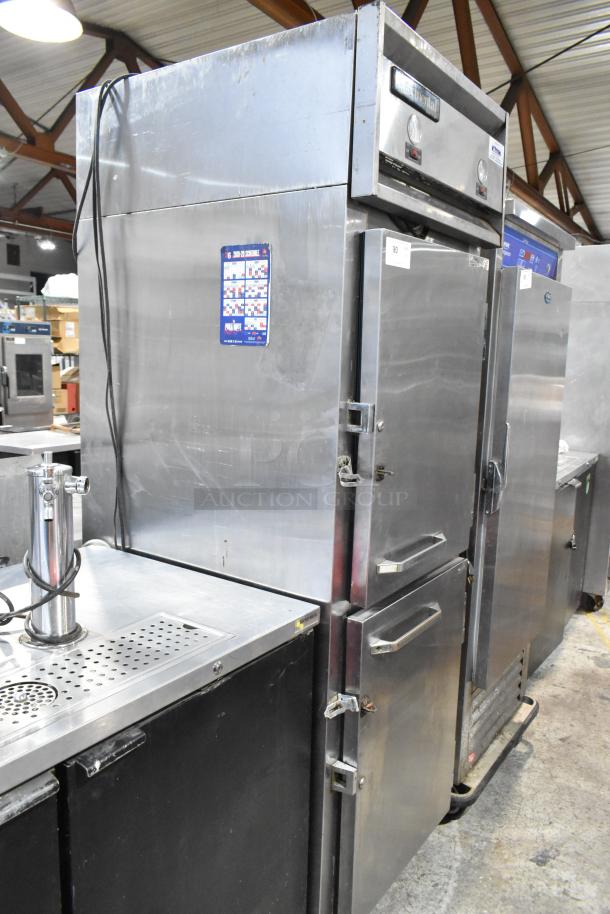 Continental 1RF-SS stainless steel reach-in cooler and freezer, dual unit, two half doors, on casters, commercial use.