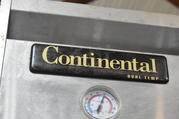 Continental 1RF-SS stainless steel cooler and freezer unit, dual temp control, commercial casters, thermometer displayed.