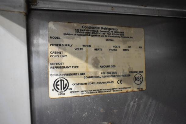 Continental 1RF-SS Commercial Cooler/Freezer label. Details power supply as 115 volts, 1 phase; conforms to UL Standard 471.