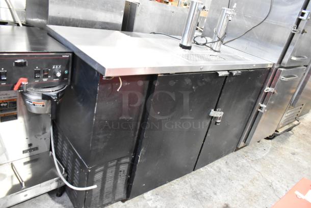 Micro Matic MDD-58 metal kegerator, 115V, 1 phase, dual tap, commercial use, showing wear on black exterior.