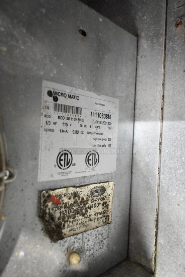 Micro Matic MDD-58 kegerator label showing 115V, 1 phase specs, ETL certification, and service information.